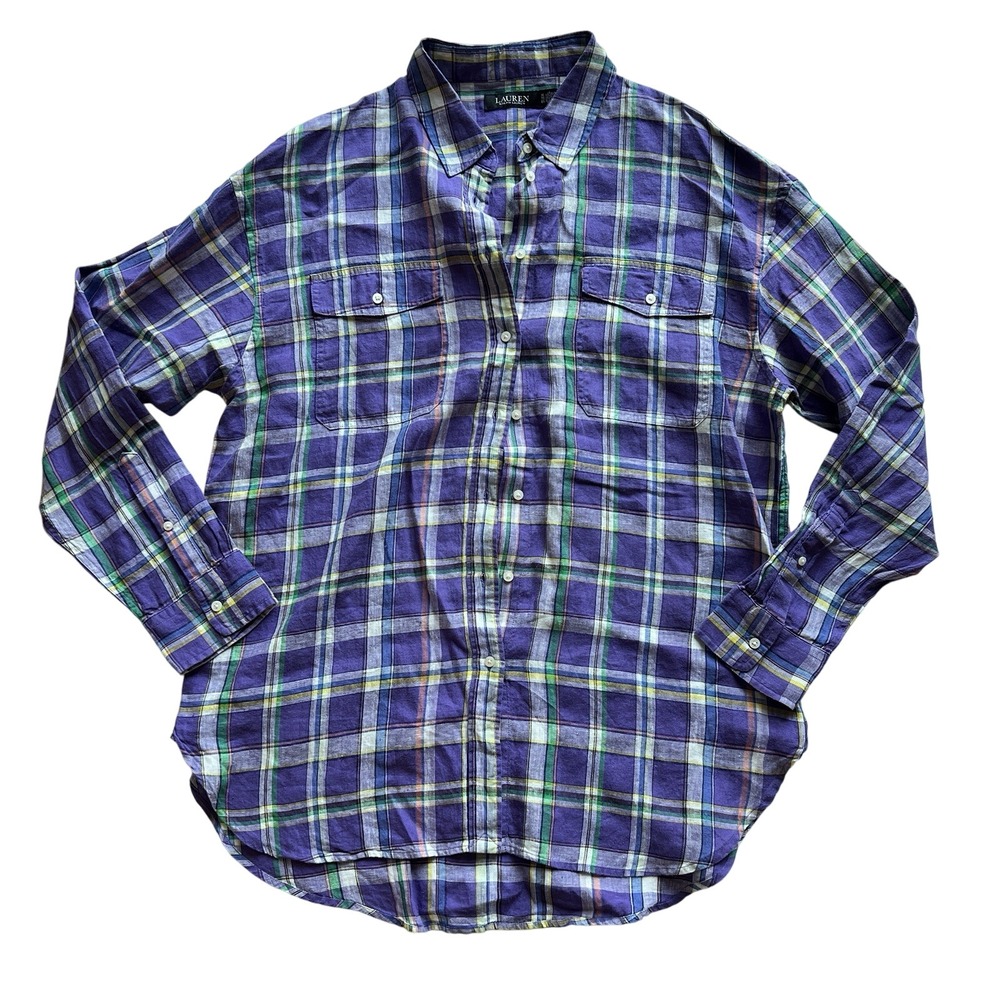 Lauren Ralph Lauren Black Label Women XL Plaid Linen Button Down Shirt‎ Preppy